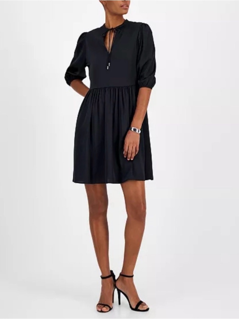 Boss By HUGO BOSS Dorena Black Satin 
Dress Puff Sleeve Keyhole Tie XL